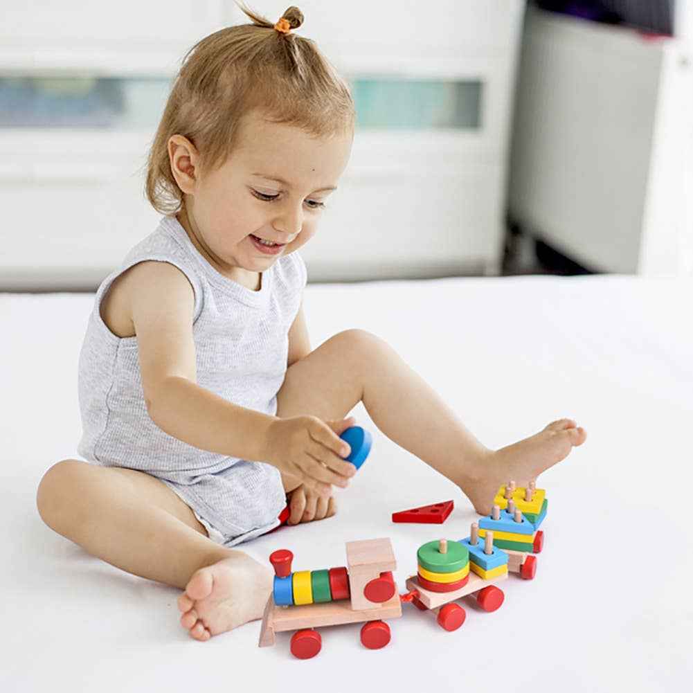 Fun Little Toys - Wooden Train Shape Sorter and Stacking Toy 25 Pcs - Ages 3+
