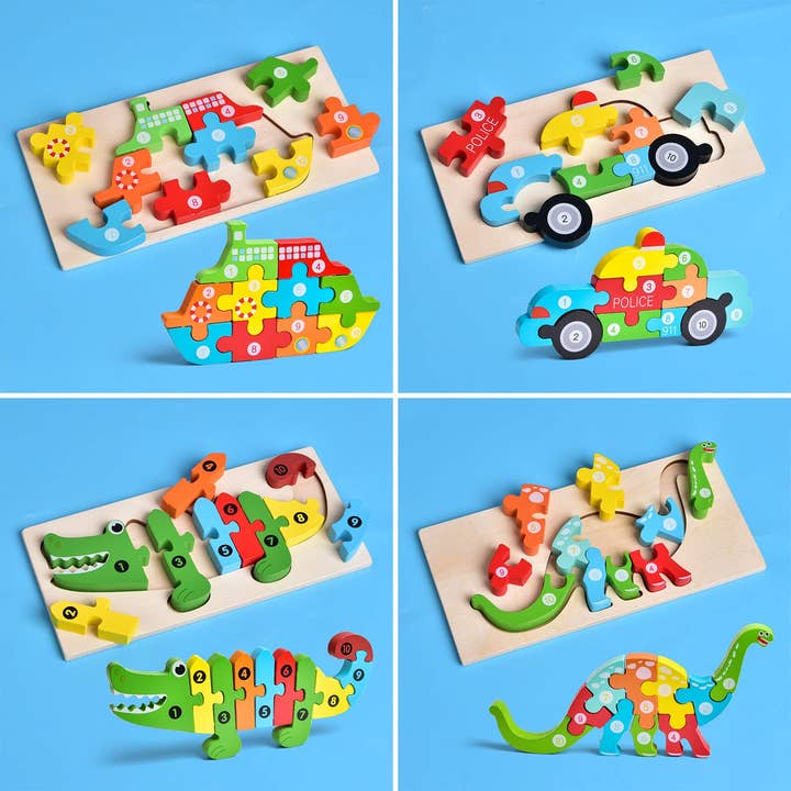 Fun Little Toys - 4-Pack Wooden Puzzles for Toddlers - Ages 2–4
