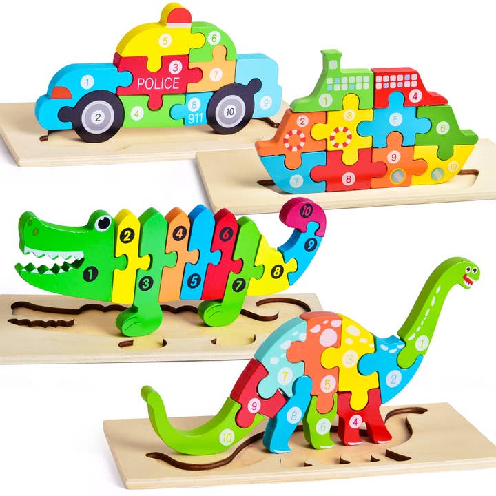 Fun Little Toys - 4-Pack Wooden Puzzles for Toddlers - Ages 2–4