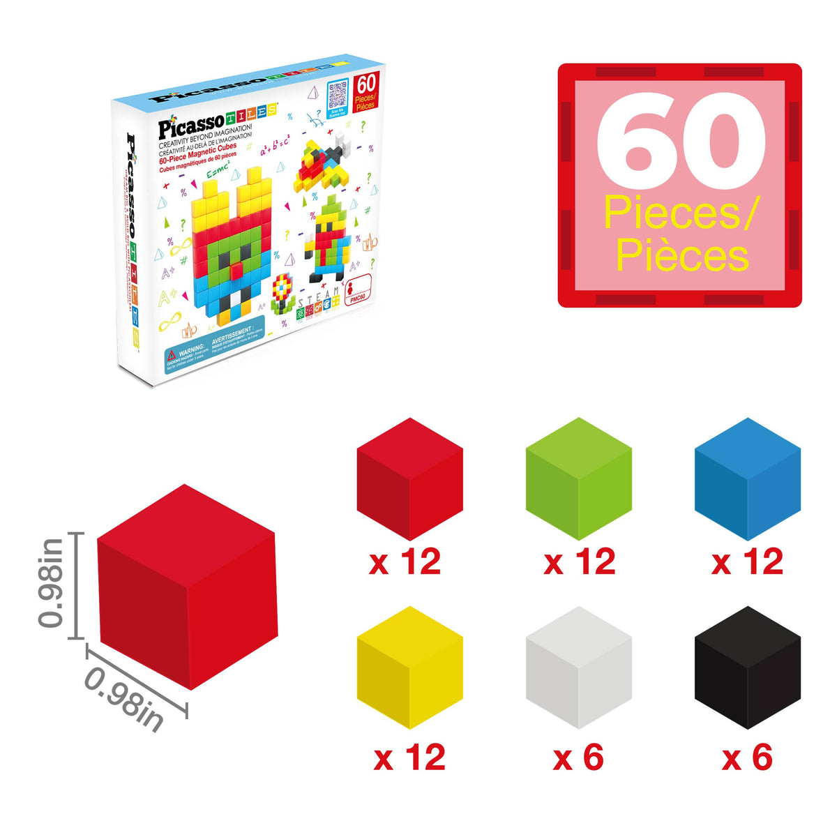 PicassoTiles - PicassoTiles 60pc 1.2" Magnetic Cubes Set - Ages 3+