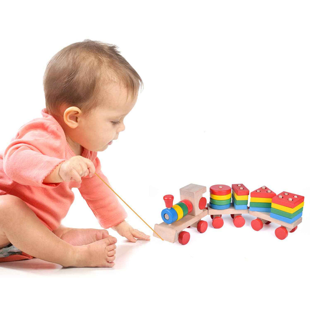 Fun Little Toys - Wooden Train Shape Sorter and Stacking Toy 25 Pcs - Ages 3+