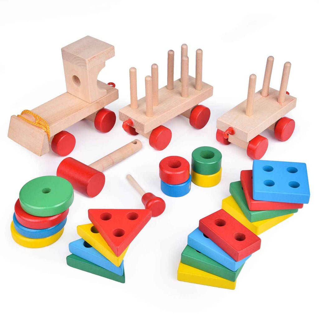 Fun Little Toys - Wooden Train Shape Sorter and Stacking Toy 25 Pcs - Ages 3+