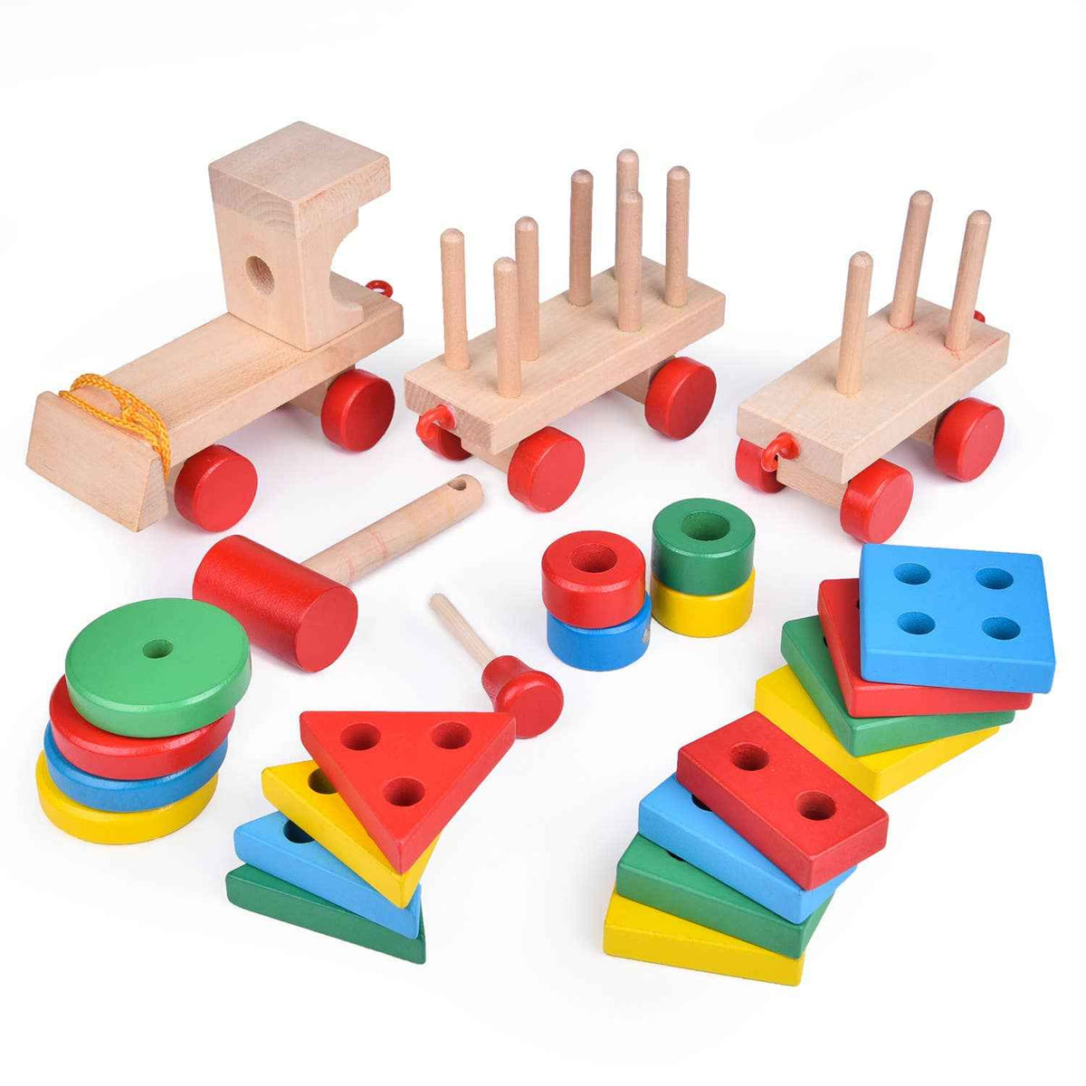 Fun Little Toys - Wooden Train Shape Sorter and Stacking Toy 25 Pcs - Ages 3+