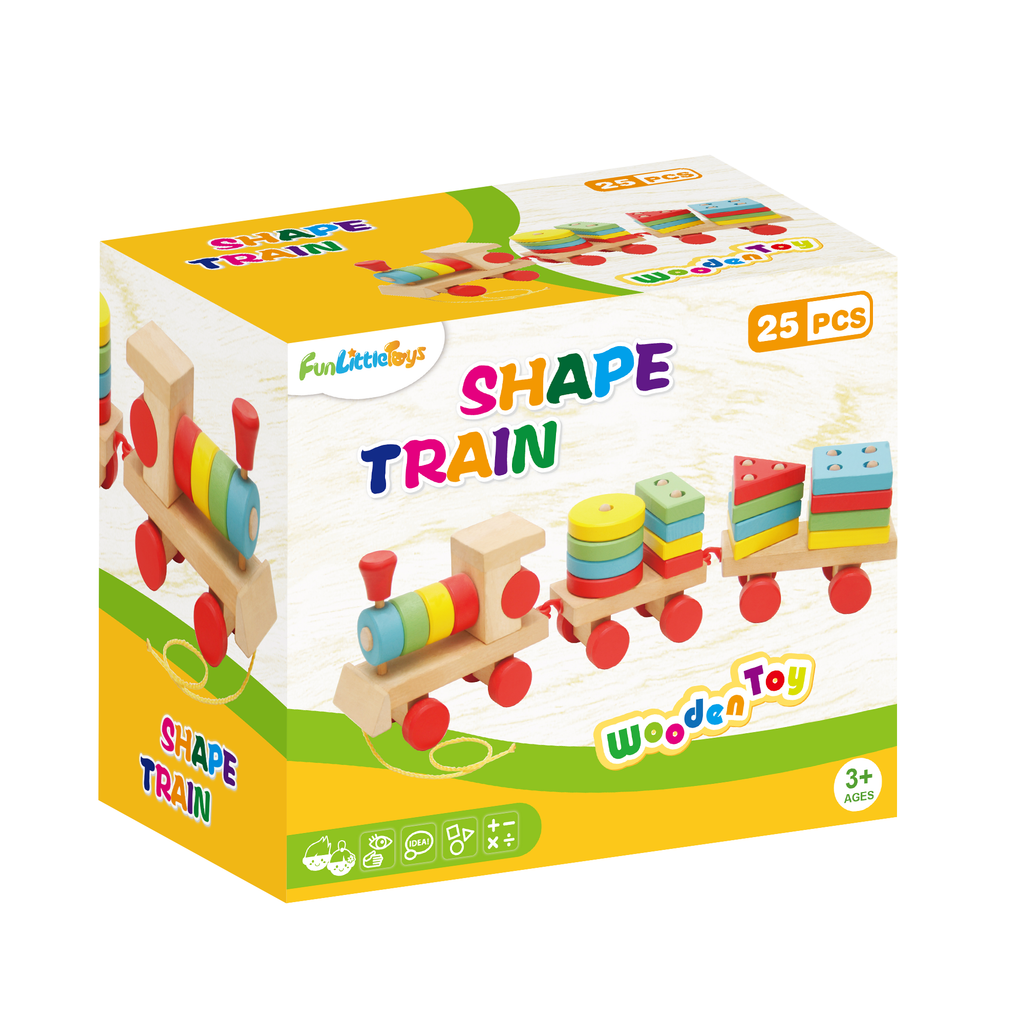 Fun Little Toys - Wooden Train Shape Sorter and Stacking Toy 25 Pcs - Ages 3+