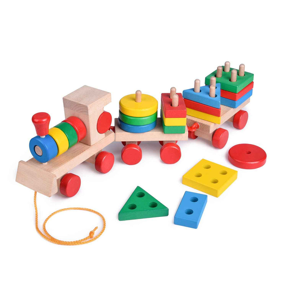 Fun Little Toys - Wooden Train Shape Sorter and Stacking Toy 25 Pcs - Ages 3+