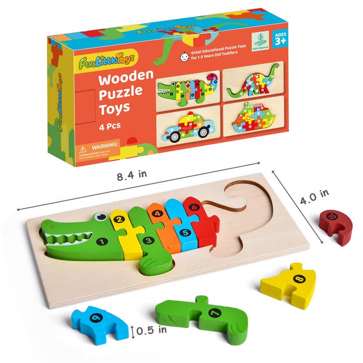 Fun Little Toys - 4-Pack Wooden Puzzles for Toddlers - Ages 2–4
